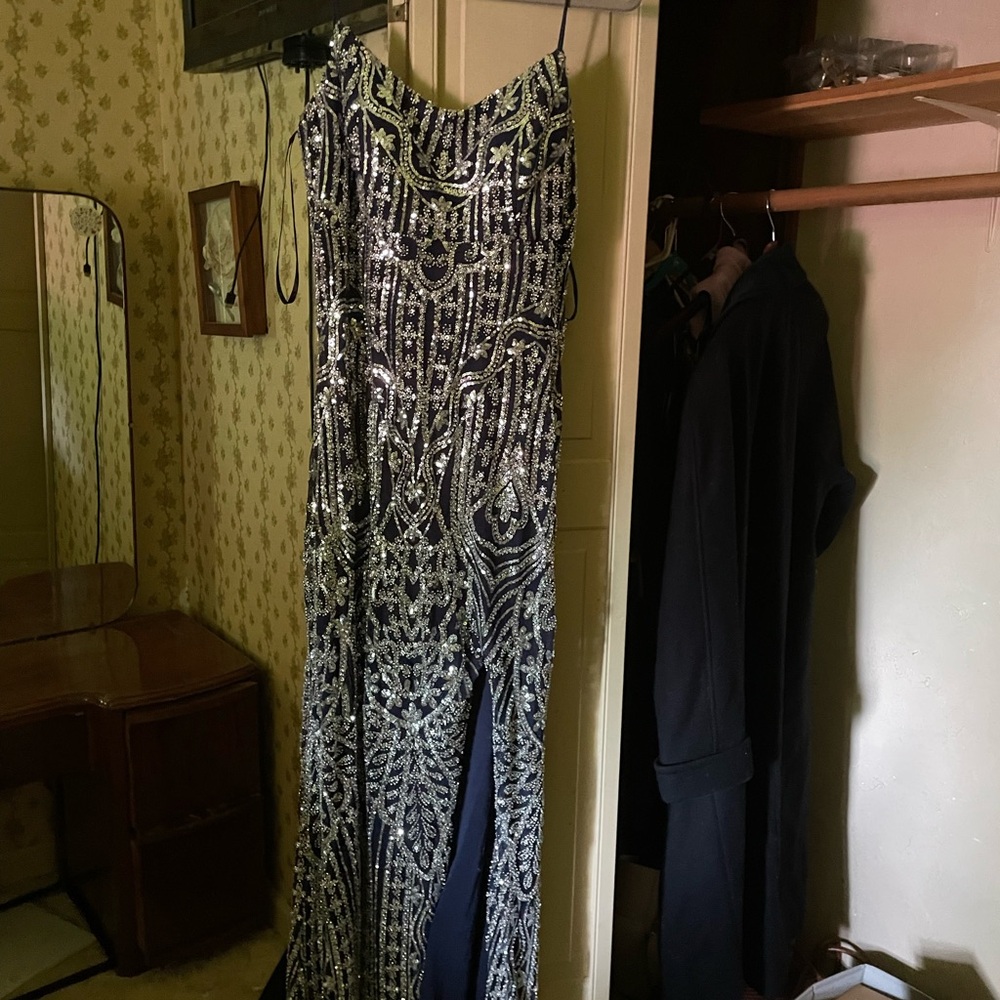 Betsy & Adam Navy Blue and Silver Sequin Prom Dress